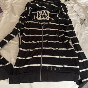 Love Pink Striped Zip Hoodie - grey & White
